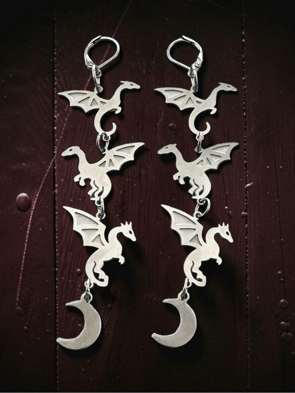 🆕 Dragons Flying Above the Moon Laser Etched Dangle Earrings